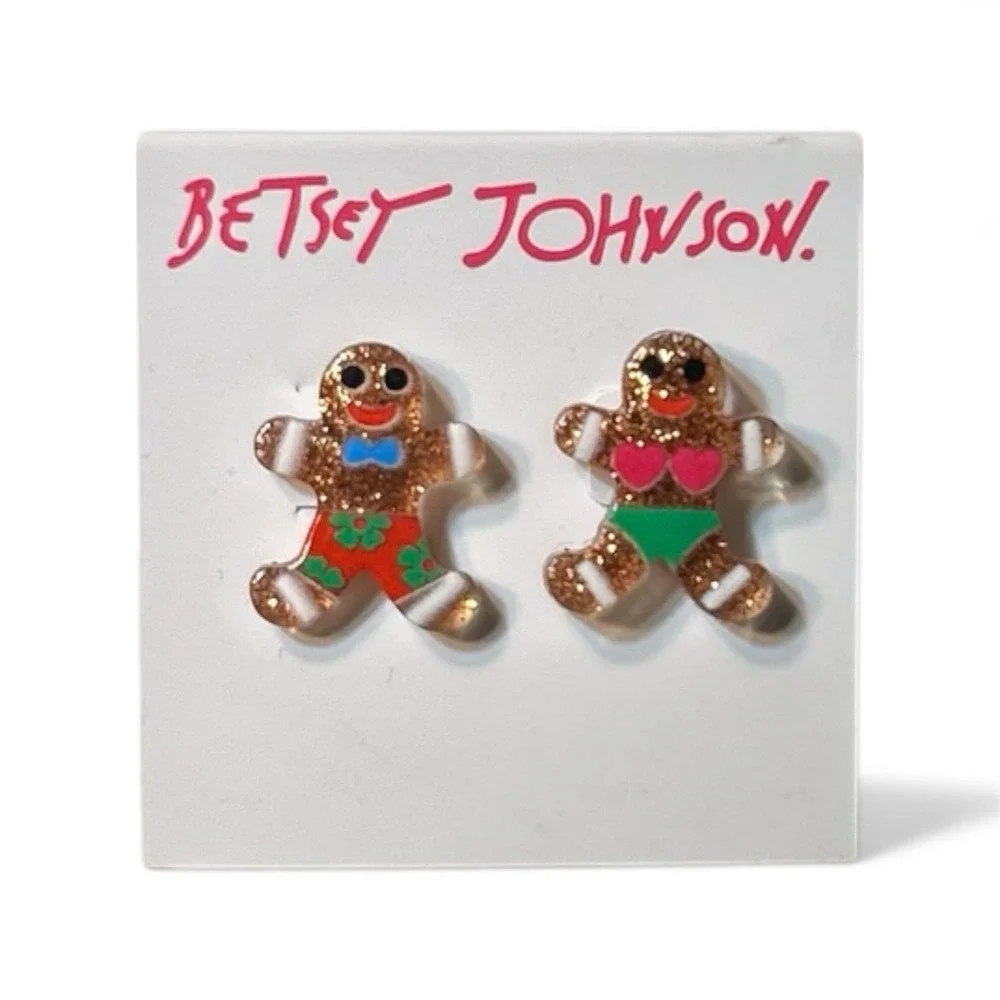 Betsey Johnson Gingerbread Earrings Holiday Glitter Beach Gingerbread Man Studs